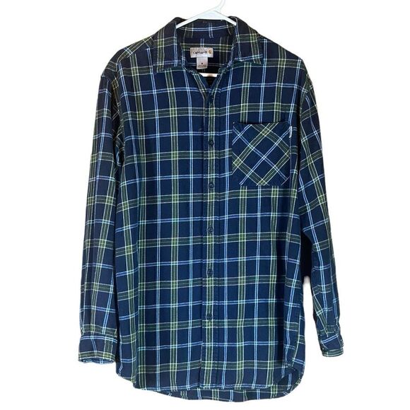 Carhartt Long Sleeve Flannel Button Front Shirt Blue and Green Size Medium 📦 - Picture 1 of 12